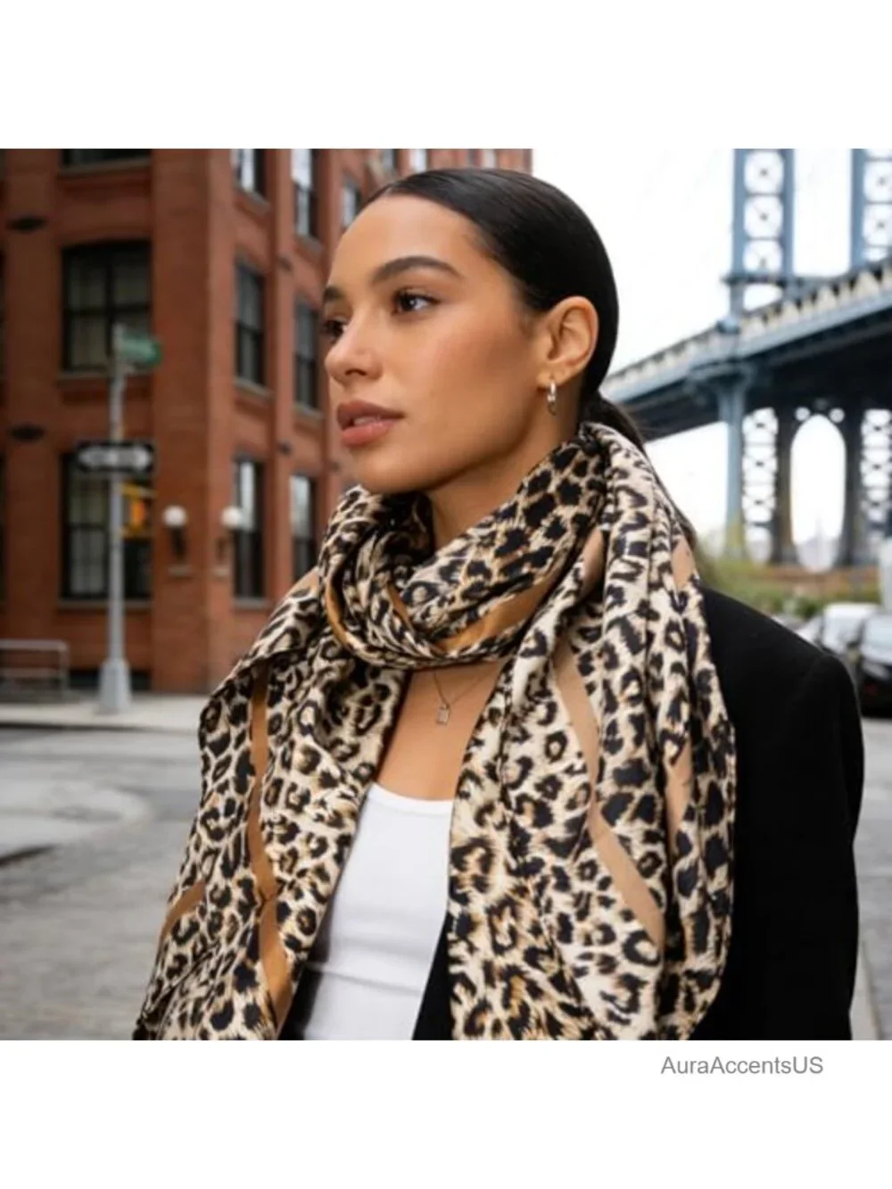 Large Square Fashion Scarf, Leopard Print Satin Feel, 35x35 in, Versatile Neck